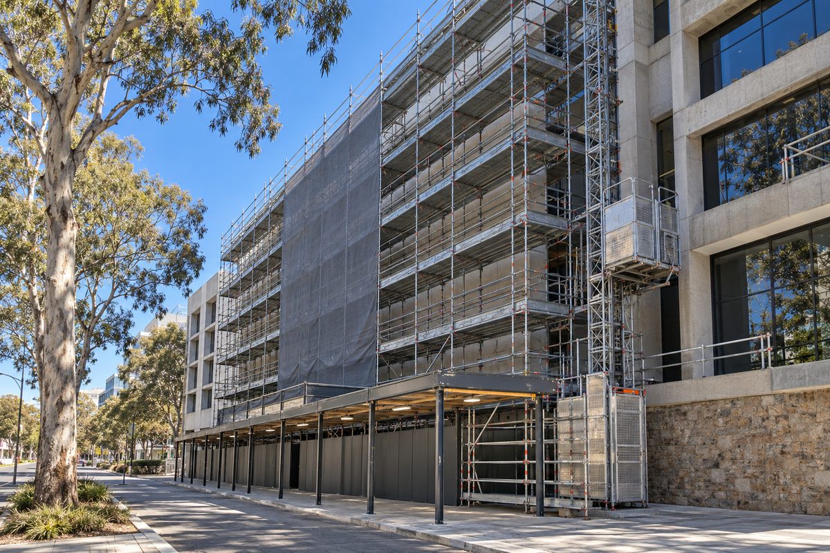 A mid-rise concrete and glass building with a tall steel scaffold up one facade, plain grey mesh on part of it, a hoist tower at the corner and a covered gantry over the footpath below, with street gum trees.