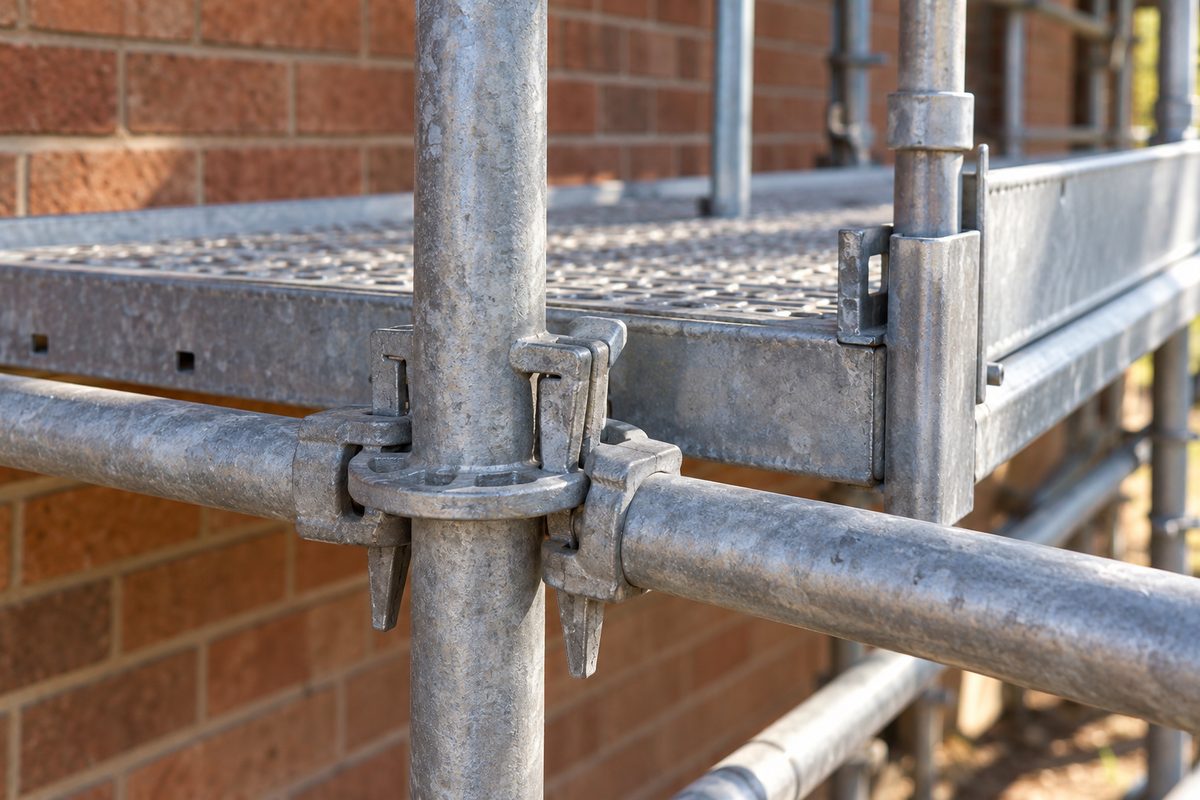 Close detail of modular steel scaffold showing a standard with a round rosette node, wedged ledgers, a steel deck with a toe board, a guardrail post and a brick wall behind.