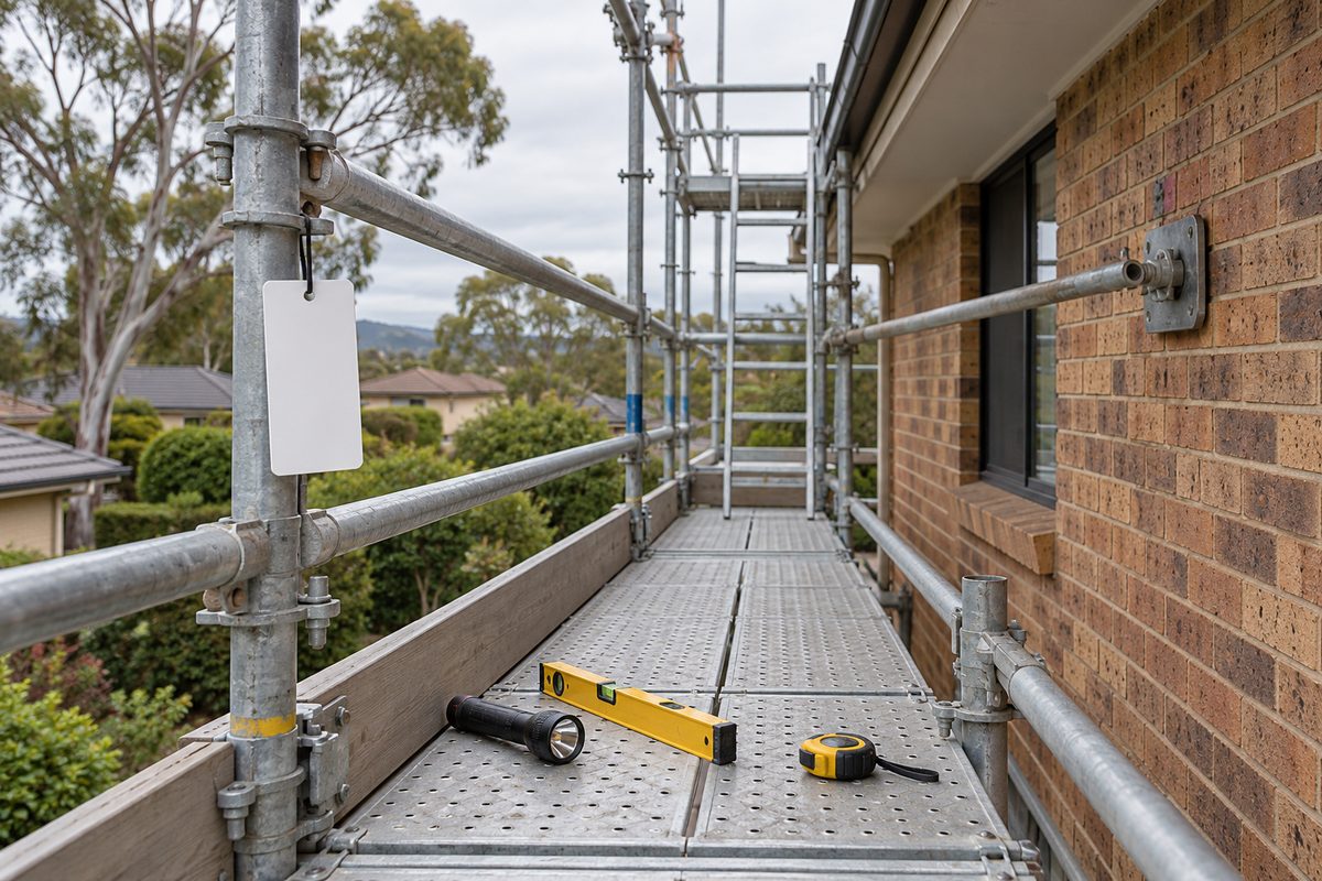 A scaffold bay with a blank white tag hanging on a standard near the access ladder, with a torch, spirit level and tape measure resting on the deck, guardrails and toe boards in place and a tie fixed to the brick wall.