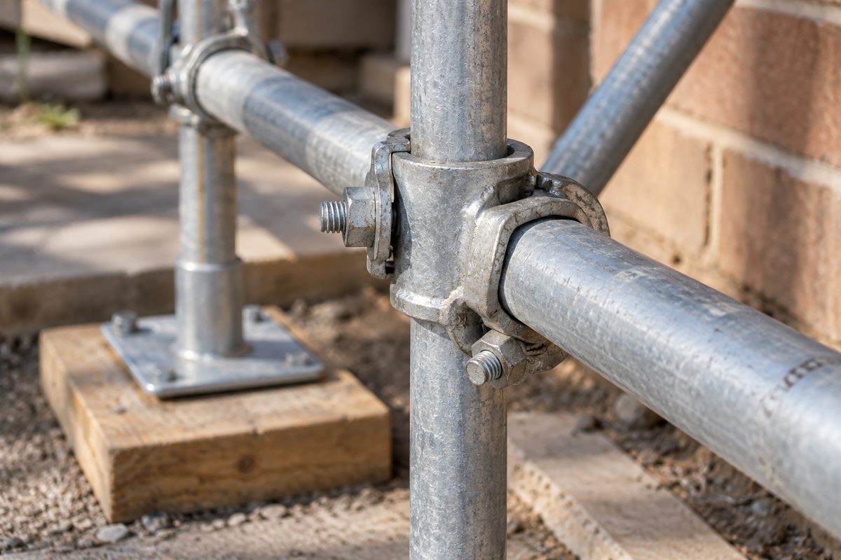 Close detail of galvanised scaffold tubes joined by right angle couplers at a standard and ledger, with a base plate sitting on a timber sole board.